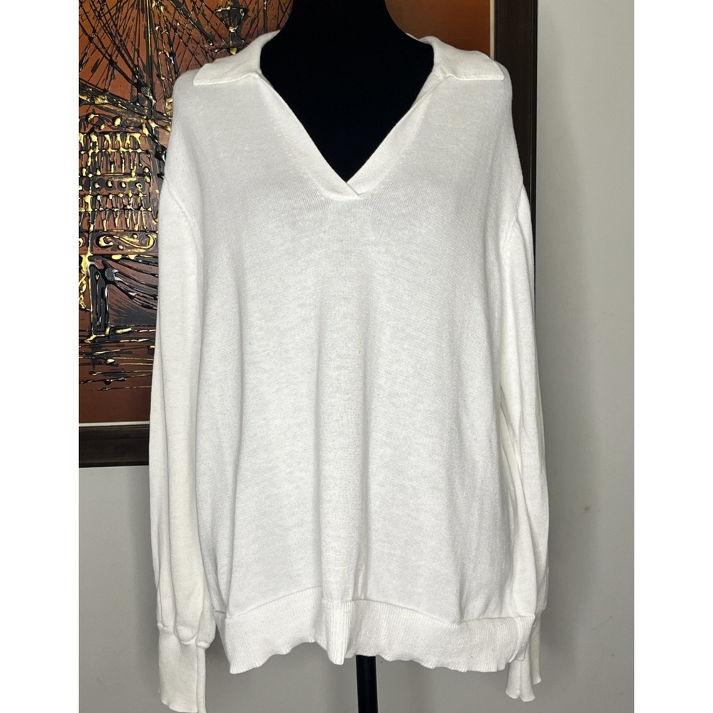 Vince Camuto Women's White V~Neck Collared Cotton Blend Pullover Knit Sweater L